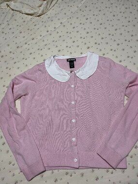 Hot Topic Cardigan Knit Sweater Pink White Peter Pan Collar Heart Buttons Medium